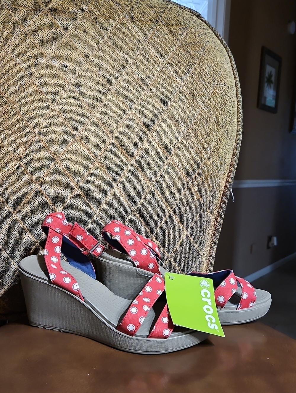 Crocs Leigh II Ankle Strap Wedge Sandals Shoes Red White Tan Polka Dot Strappy